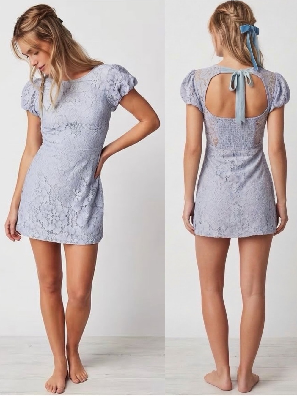 NWT Free People Hailee Open Back Lace Mini Dress Twinkling Perry Blue Large L